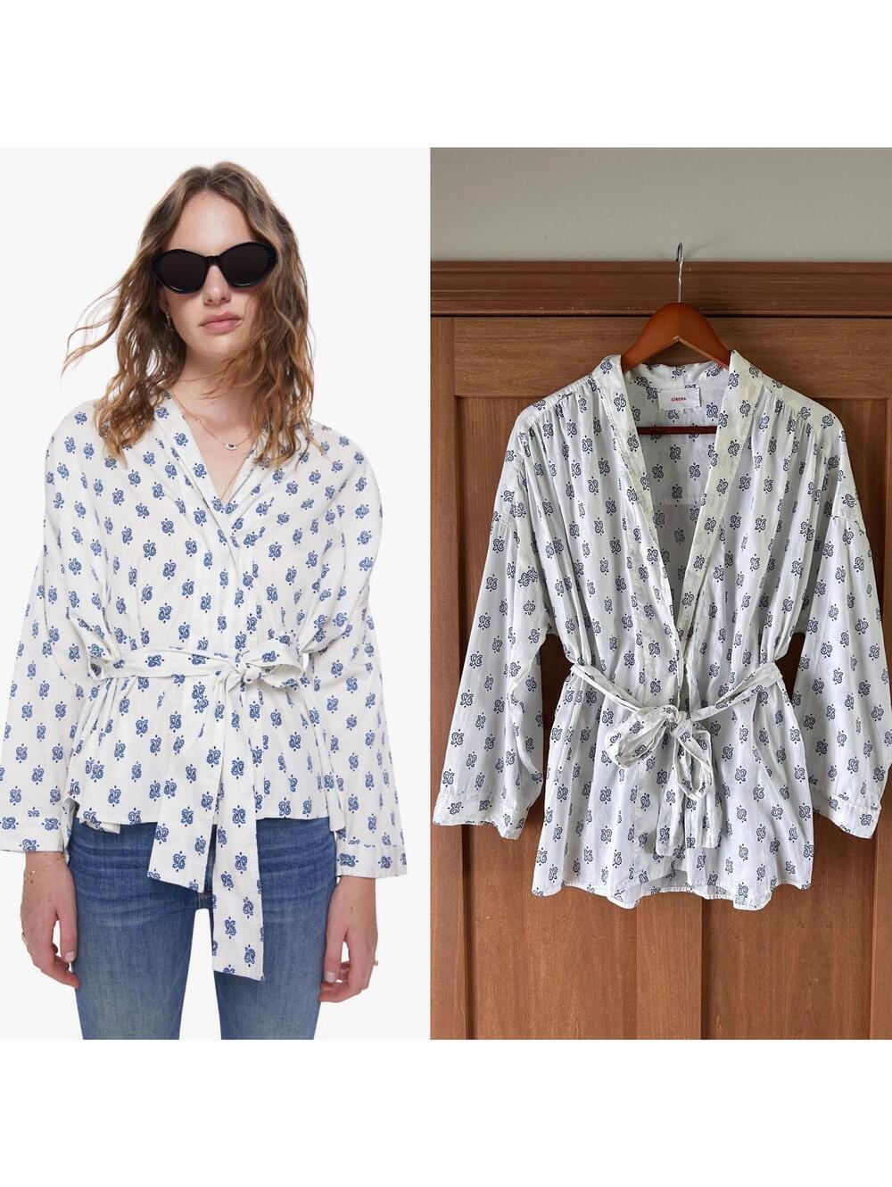 Xirena Melody Top in White & Navy Drops 100% Cotton Tie Waist Women’s Large
